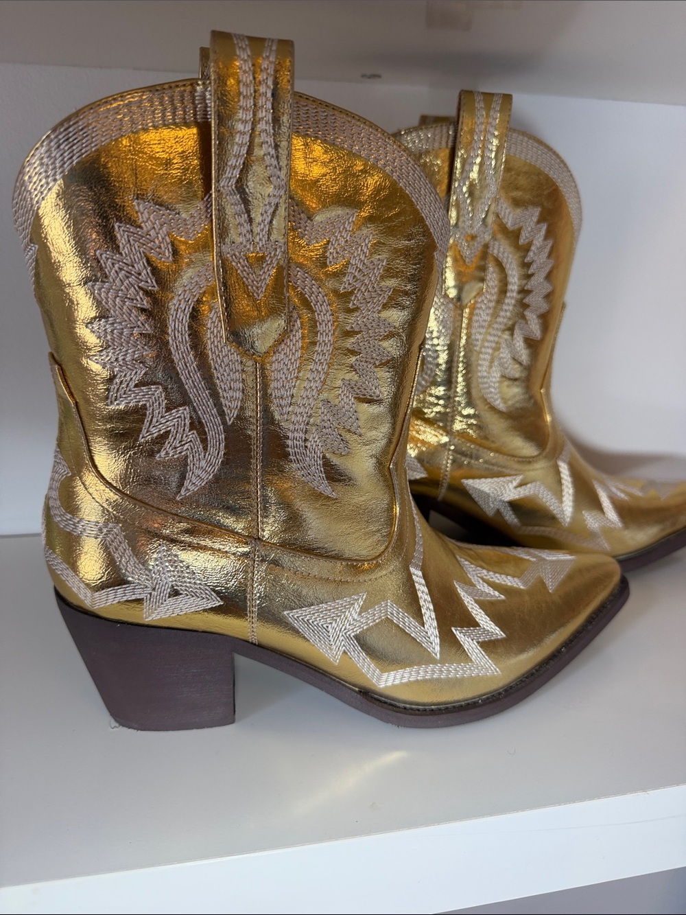 New Metallic Gold Embroidered Western Ankle Boots - Women's